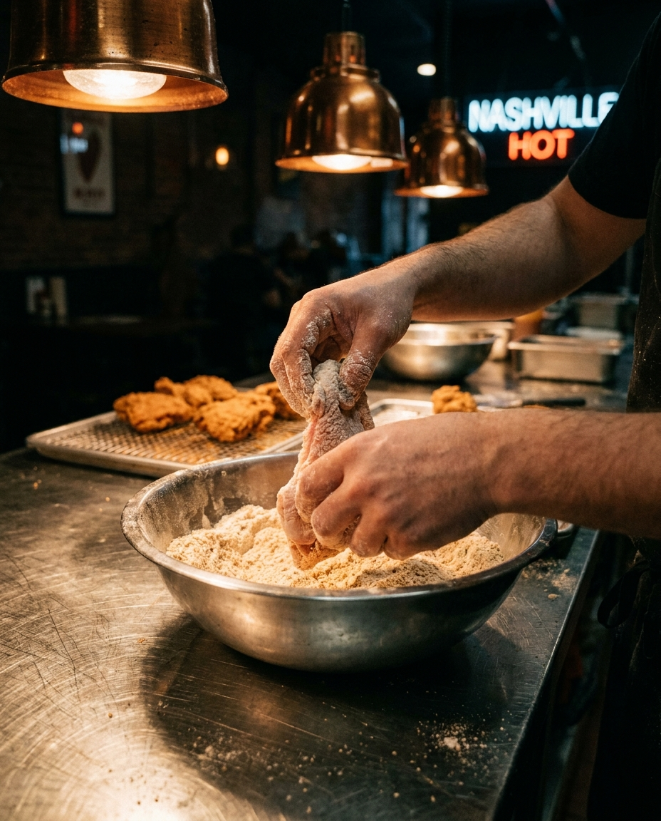 Hand-breading chicken tenders in the kitchen
