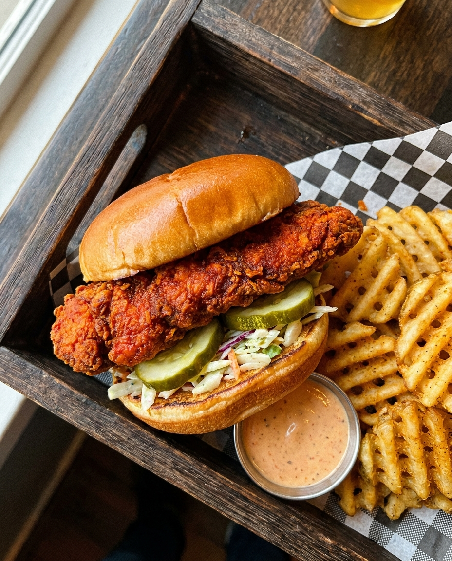 Nashville hot chicken sandwich, top-down plating shot